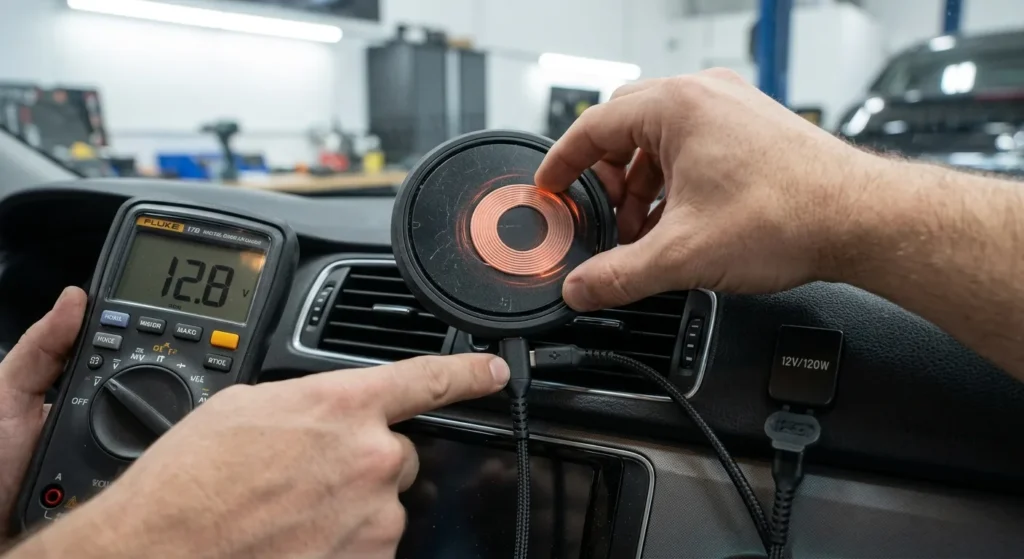 Close-up of car wireless charger coil alignment for optimal charging speed