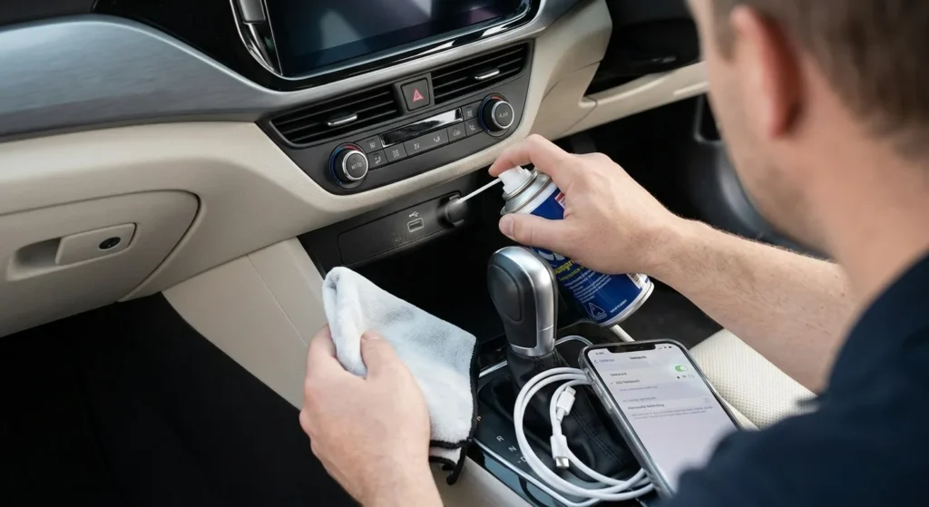 Technician checking certified cable to fix CarPlay keeps disconnecting issue