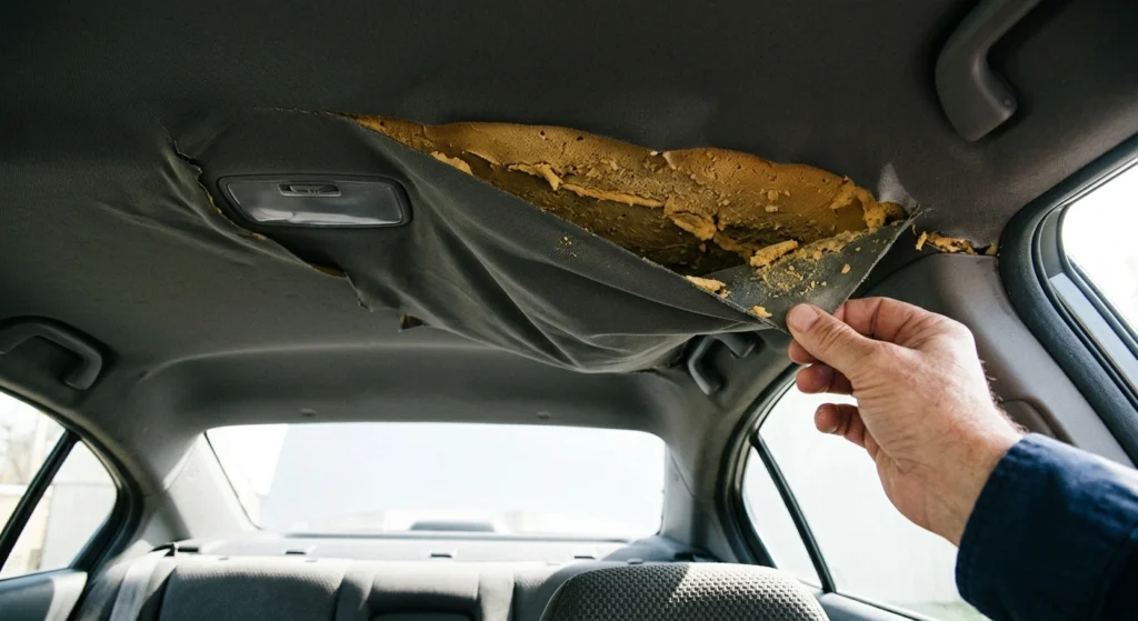Sagging car headliner fabric separating near the rear seat.