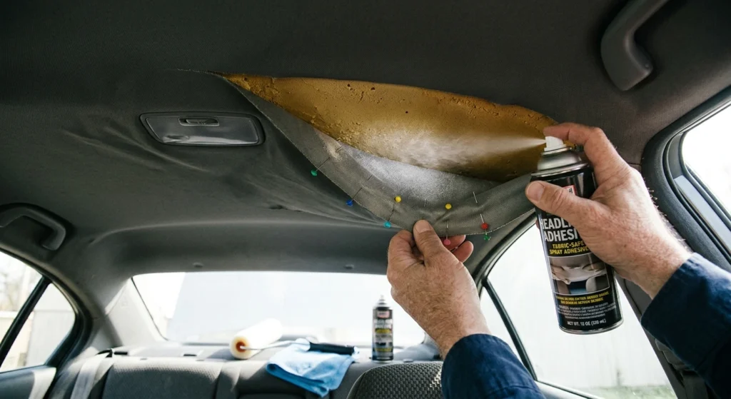 Pinning a repaired headliner in place after applying adhesive to fix sagging.