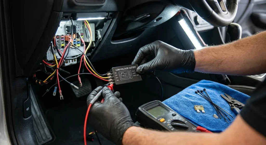Technician installing hardwire kit to stop dash cam draining car battery