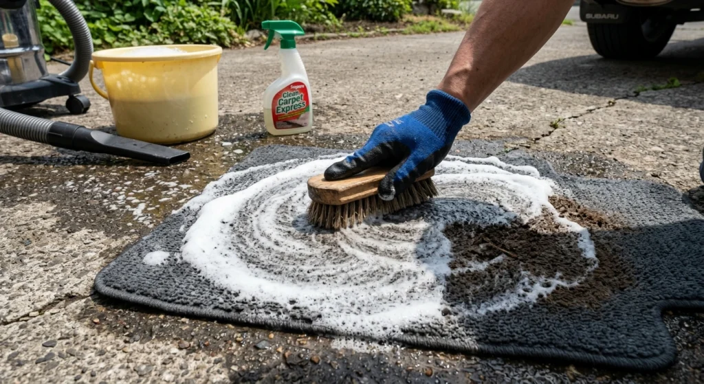 Step showing how to clean car floor mats with a scrub brush and cleaner.
