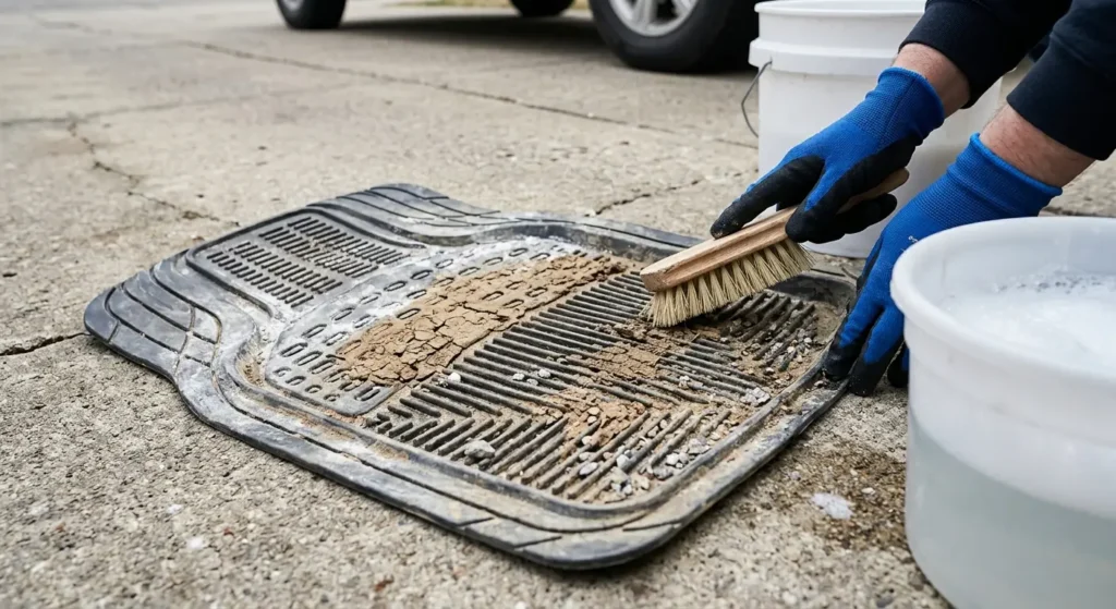 Dirty rubber car floor mat before cleaning showing how to clean rubber car floor mats