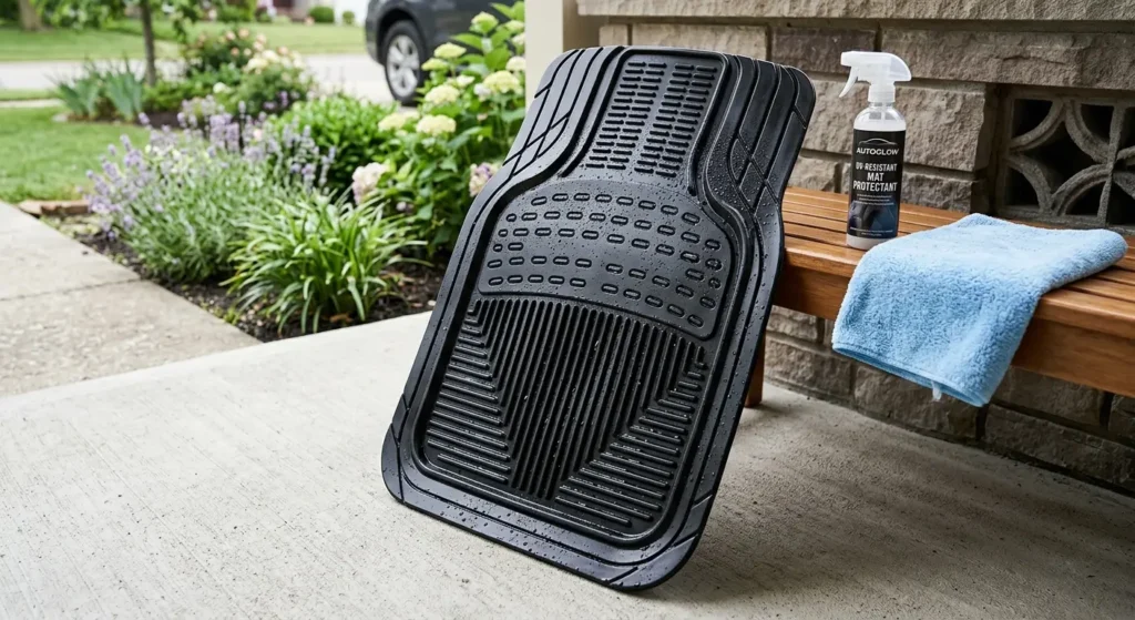Clean rubber car floor mat drying in shade after learning how to clean rubber car floor mats at home