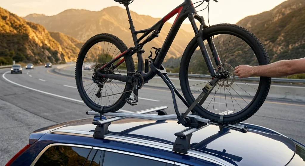 Bike mounted on car roof rack after learning how to install a roof rack step by step
