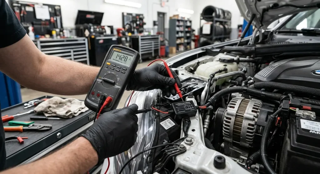 Technician testing alternator voltage to fix LED headlight flickering while engine runs