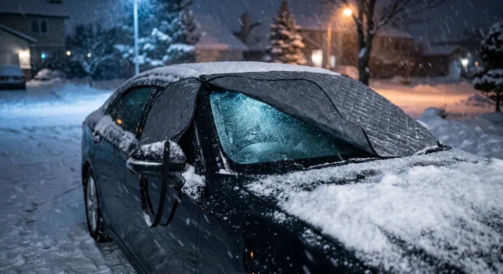 Windshield snow car cover installed overnight to prevent ice buildup