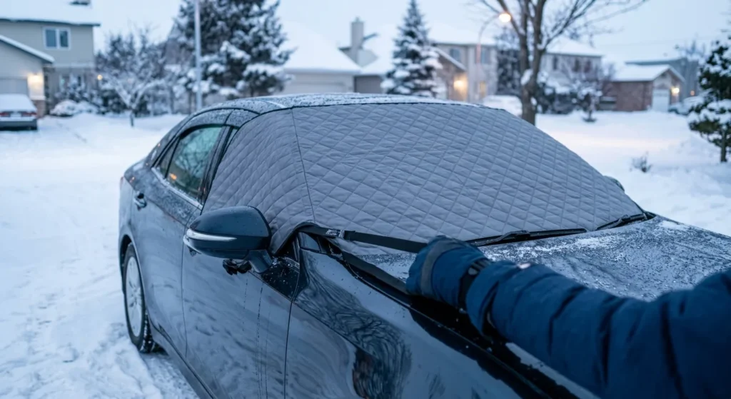 Snow cover car windshield secured tightly with mirror straps in winter